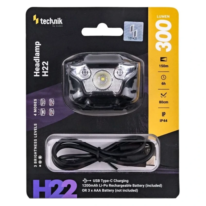 Technik Čelovka H22 (vstavaná batéria) XPG3 LED + USB-C (300 lúmenov)