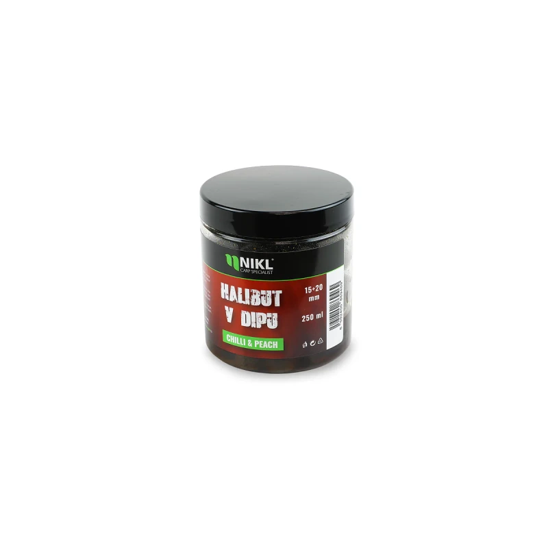 Nikl Black halibut pelety v dipu Chilli & Peach 15+20mm, 250ml