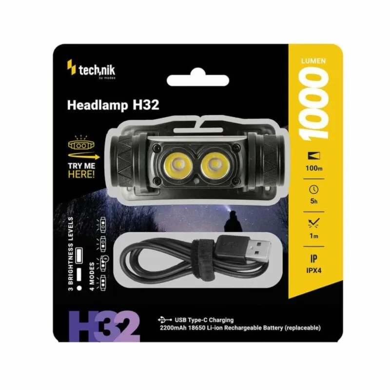 Technik MT-H32 nabíjateľná čelovka LED OSRAM P9, USB-C, 1000 lúmenov